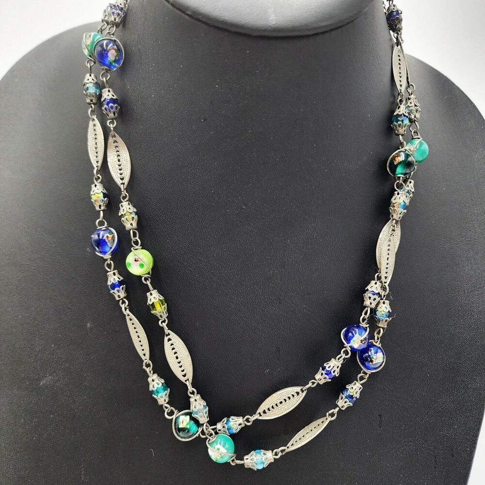 RARE Vintage Lacy Silvertone 43" Necklace Blue & Green FOIL Venetian Glass Beads